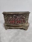 Vtg Japan Oval Filigree Footed Ormolu Casket Jewelry Trinket Box Beveled Glass