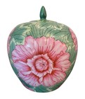 Vintage Chinoiserie Pink  And Green Peony Ginger Jar With Lid