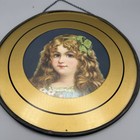 Antique Victorian Glass W  Girl Lithograph Chimney Flue Cover W  Chain 7 5   