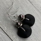 Min Favorit Opaque Black Sea Glass  Peacock Pearl   Silver Pl Artisan Earrings