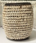 Vintage Large Hausa Cowrie Shell Grass Basket With Leather Nigeria 11 h X 10 dia