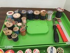 Vintage Plastic Sewing Box Green And Contents Plus 22 Wooden Spools With Thread