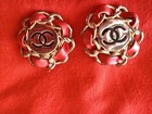 Chanel Gold-toned Cc Logos Vintage Clip Earrings With Red Leather Accent