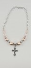 Pink Imitation Pearl   Crystal Cross Jewelry Set Necklace Bracelet Earrings