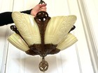 Antique 1920s Art Deco Uranium Glass Slip Shade Chandelier Light Fixture