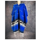 Vintage Mexican Woven Serape Poncho Blue Fringe Lightweight One Size