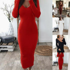 Women V Neck  Sweater Dress Long Sleeve  Ribbed Bodycon Knitted Midi Dress