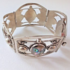 Vtg Mexico Abalone Mayan Aztec Warrior Wide Panel Bracelet Alpaca Silver  Hinged