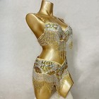 Beaded Samba Belly Dance Costume Rave Edc Party Carnival Outfit Bra Belt Gold