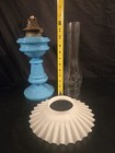 Antique Oil Lamp  Blue Milk Glass- White Flame Light Co  Ruffled Petticoat Shade