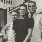 Vintage Snapshot Photo Hamburger Stand Men In Apron Woman 1940s Diner Restaurant