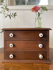 Antique Oak Spool Cabinet Wood Tabletop Thread Holder 3 Drawer Porcelain Knobs