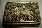 Vintage Filigree Roses Vanity Jewelry Casket Jeweled Purple Velvet Lined Antique