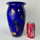 Vintage Cobalt Blue With Abstract Flowers White Interior Lg  Art Glass Vase 11   