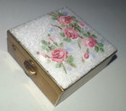 Vntg French White Guilloche Enamel Mauve Pink Floral Roses   bronze Brass Pill Box