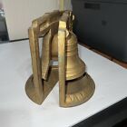 Vintage Cast Metal Gold Color Liberty Bell Bookends 7 t X 6 w Philadelphia