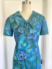 Vintage 1960 s Dress Shift Mod Floral Blue Green Retro Housewife Short Sleeve M
