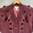 Vintage Sweater Cardigan 90s Baldini Angora M Burgundy Embroidered Pom-poms