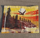 Vintage Latch Hook Rug Orange Brown Shag Hanging Wall Art Mountain Sunset Trees