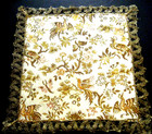 Antique French European Tapestry Doily Metallic Trim Lace Hem Birds On Branches