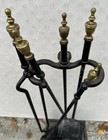 Vintage Set Brass   Cast Iron Fireplace Tools With Floor Base Holder Rack