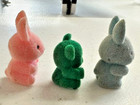 Vintage Tiny Miniature Flocked Green Teddy Bear Blue And Pink Bunny Rabbits