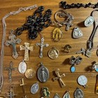 53 Pc Lot Rosary Religious Catholic Medallion Pendant Crucifix Vintage Fob Icon