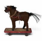 Antique German Mohair Horse Pull Toy On Wood Wheeled Platform Made In Germany