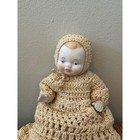 Vintage Bisque Porcelain Baby Doll Japan Crochet Dress Bonnet Booties Tan 5 Inch