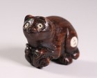 Japanese Wood Carving Cat   Rat Motif Netsuke 1 71inch Inro Ojime Meiji Era 19th