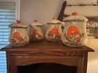 Arnel   s Mushroom Canister Set W  Lids 4pc Vintage Retro Beige Orange Brown