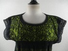 Mexican Tunic Huipil Black Green Embroidered Top Pullover Handmade Cotton Vtg