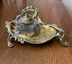 Vintage Art Nouveau 1920   s Solid Brass Inkwell And Lidded Crystal Ornate Inkwell