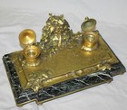 Antique French Art Nouveau Bronze And Marble Double Ink Well Stands     Artist Sig