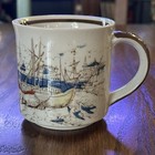 Vintage Coffee Mug Speckled Otagiri Japan Fishing Boats Seagulls Beach Sun