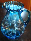Northwood Antique Victorian Glass Pitcher Aqua Blue Enameled Daisies Crimped Rim