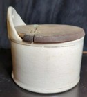 Salt Crock jar Gold   White Ceramic Wooden Top Vintage