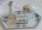 7 Pc Noritake Blue Forget Me Not Vanity Tray - Hatpin Holder - Powder - Trinket