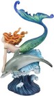 Sea Nautical Red Haired Mermaid Riding Dolphin Over The Ocean Waves Statue Decor