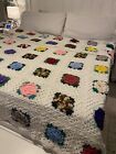 Vintage Crochet 3-d Flowers Granny Square Blanket Handmade King 110    X 100    
