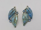 Vtg Lisner Clip Earrings   Bracelet Set Thermoset Lucite Blue Leaf Rhinestone 
