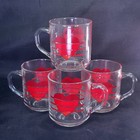 Set Of 4 Vintage Luminarc Clear Glass Coffee Tea Cup Mug Striped Red Hearts 3 5 