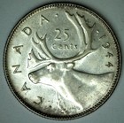 1944 Canada Silver 25 Cents Au 25c Canadian Quarter Almost Uncirculated Coin