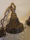 Vintage Pair Crystal Glass   Brass Hanging Pendant Ceiling Light Fixtures 1950 s
