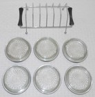 Vtg   6  Aluminum Rimmed Swirled Sunburst Glass Coasters With Metal   Wood Rack
