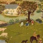 Grandma Moses Folk Art  childhood Home  - 50 s Vintage Barkcloth Fabric - 48x42