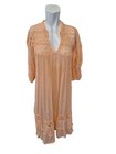 Vintage Boho Crochet Beachy Gazy Cottege Core Midi Dress Puff Sleeve Peach Sz S