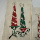 2 Vintage Embroidered Christmas Linen Tea Towels Holiday Trees Candles Gold Guc