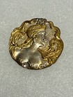 Antique Art Nouveau Two Toned Metal Floral Pictorial Portrait Button