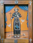 Folk Art Retablo Santos Painting On Tin Framed With Religious Silver Metals